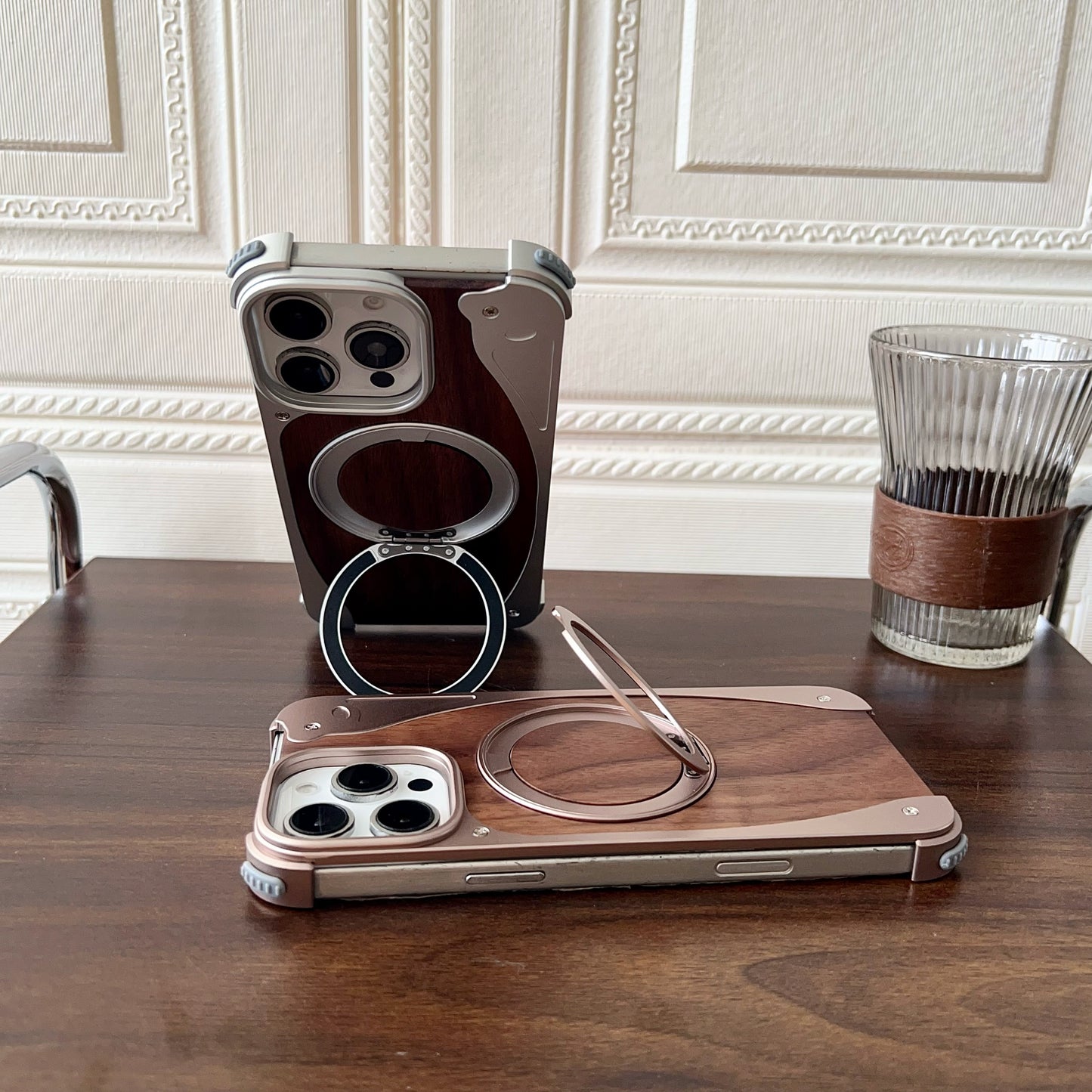 Armor King Stoat Bezel-less MagSafe Pivot Ring Stand Walnut Wood Metal Case Cover
