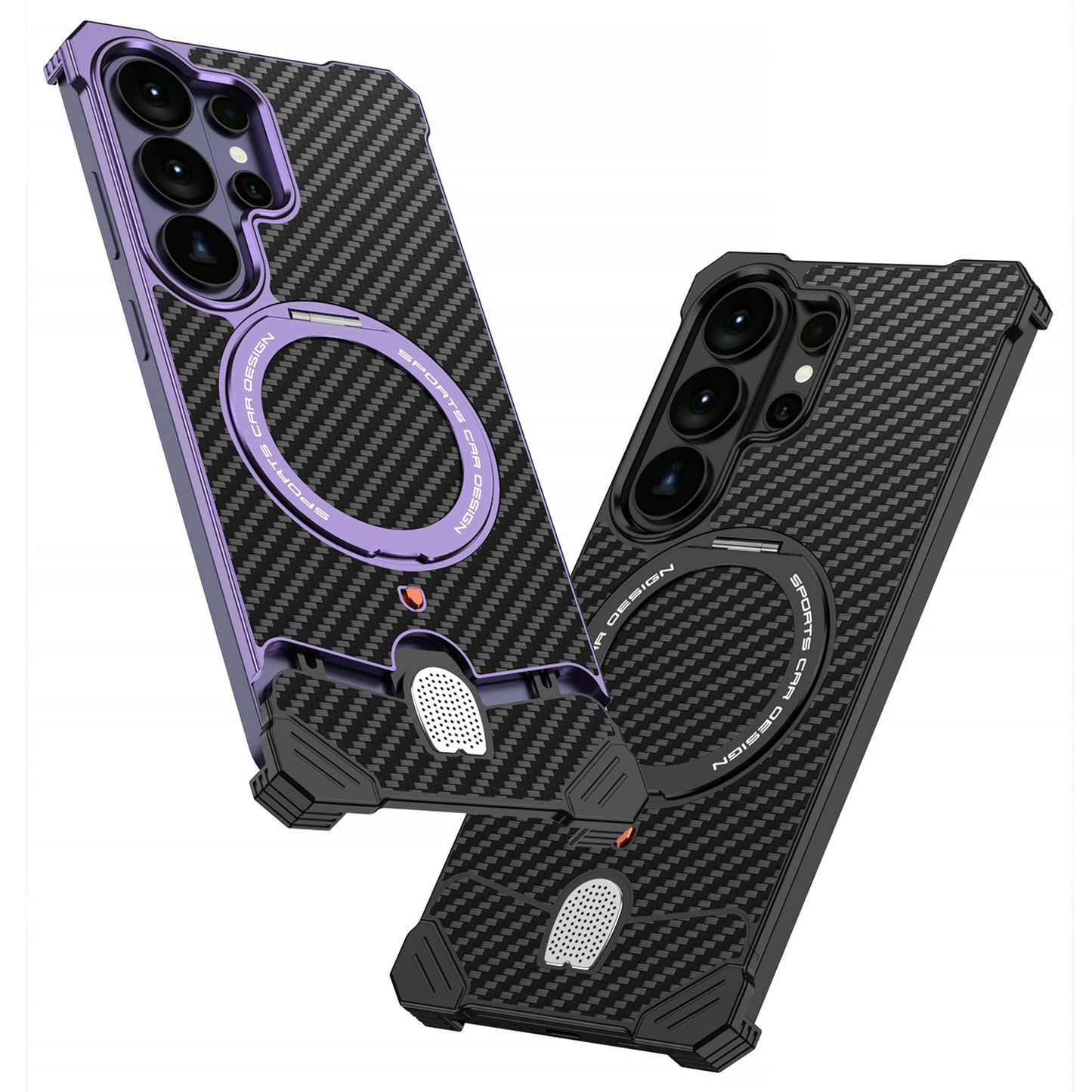 Armor King Hypercar MagSafe Pivot Ring Stand Elastic Buckle Metal+Carbon Fiber Texture Back Case Cover