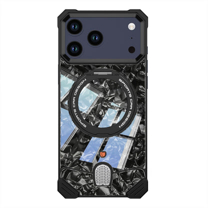 Armor King Hypercar MagSafe Pivot Ring Stand Elastic Buckle Metal+Marble Texture Back Case Cover