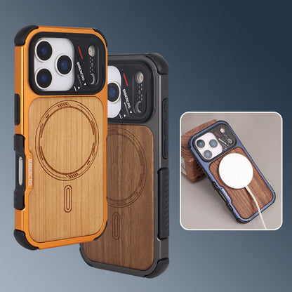 Armor King Urban Mecha MagSafe Shockproof TPU + Metal Frame + Carbon Fiber Backplate / Wooden Board Case Cover