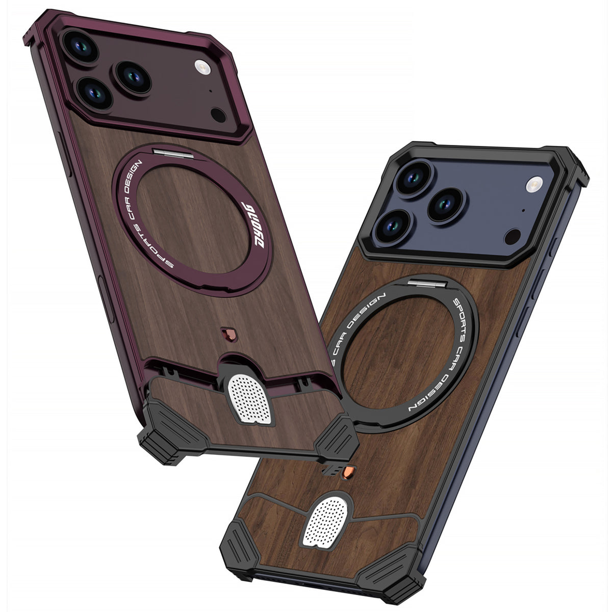 Armor King Hypercar MagSafe Pivot Ring Stand Elastic Buckle Metal+Walnut Texture Back Case Cover