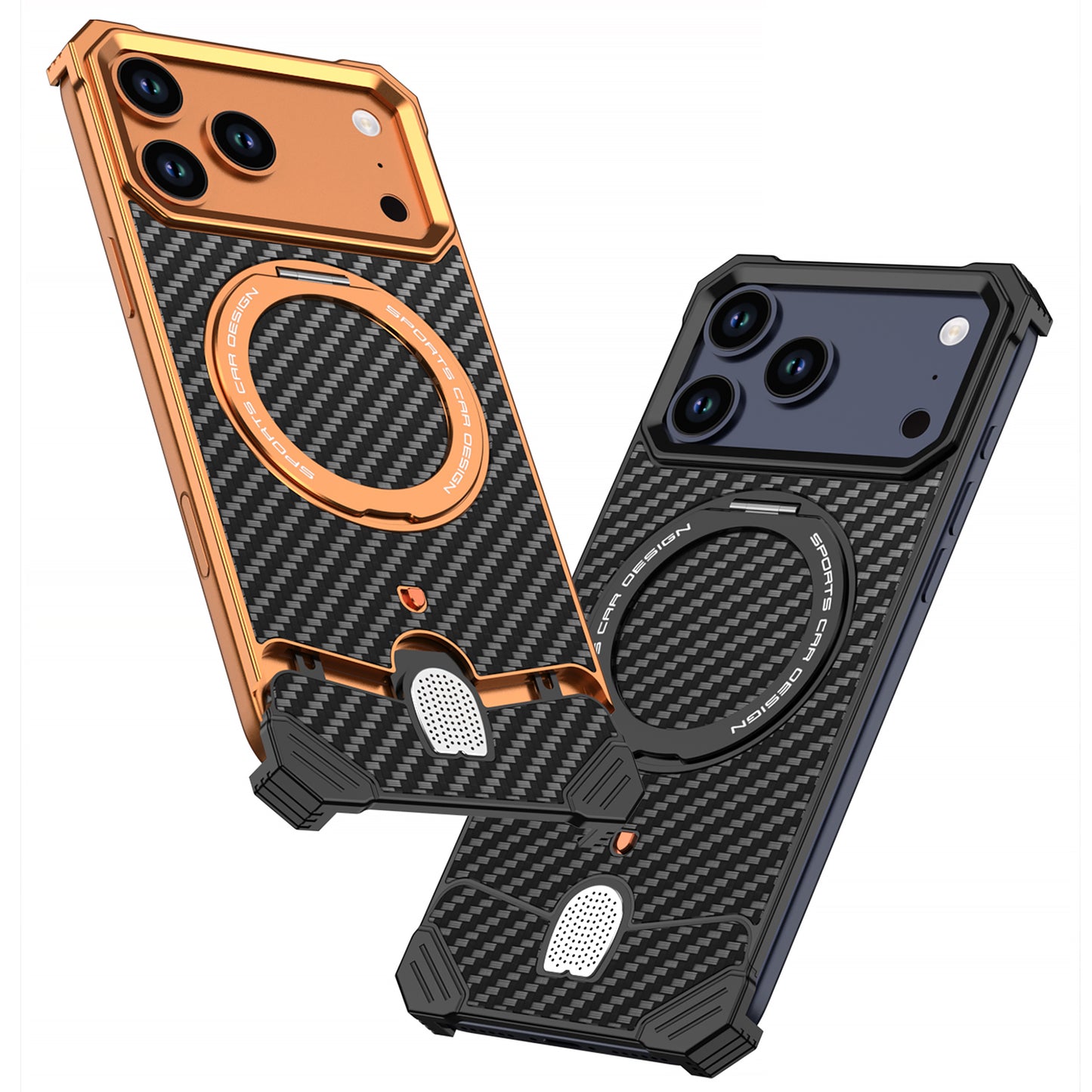 Armor King Hypercar MagSafe Pivot Ring Stand Elastic Buckle Metal+Carbon Fiber Texture Back Case Cover