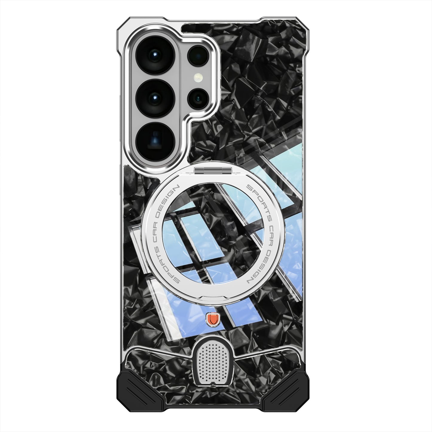 Armor King Hypercar MagSafe Pivot Ring Stand Elastic Buckle Metal+Marble Texture Back Case Cover