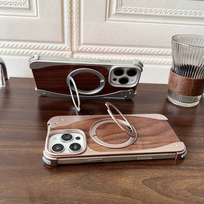 Armor King Stoat Bezel-less MagSafe Pivot Ring Stand Walnut Wood Metal Case Cover