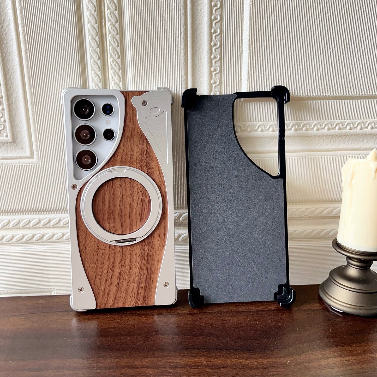 Armor King Stoat Bezel-less MagSafe Pivot Ring Stand Walnut Wood Metal Case Cover