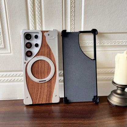 Armor King Stoat Bezel-less MagSafe Pivot Ring Stand Walnut Wood Metal Case Cover