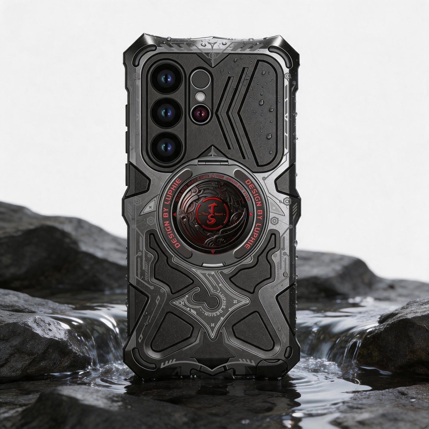 Luphie TS Water-resistant Shockproof Heavy Duty Mecha Metal Case Cover with MagSafe Pivot Ring Stand