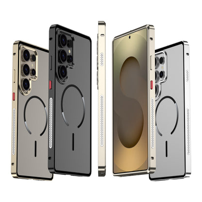 Armor King MagSafe Elastic Buckle Heat Dissipation Metal Bumper Frosted Acrylic Back Case Cover