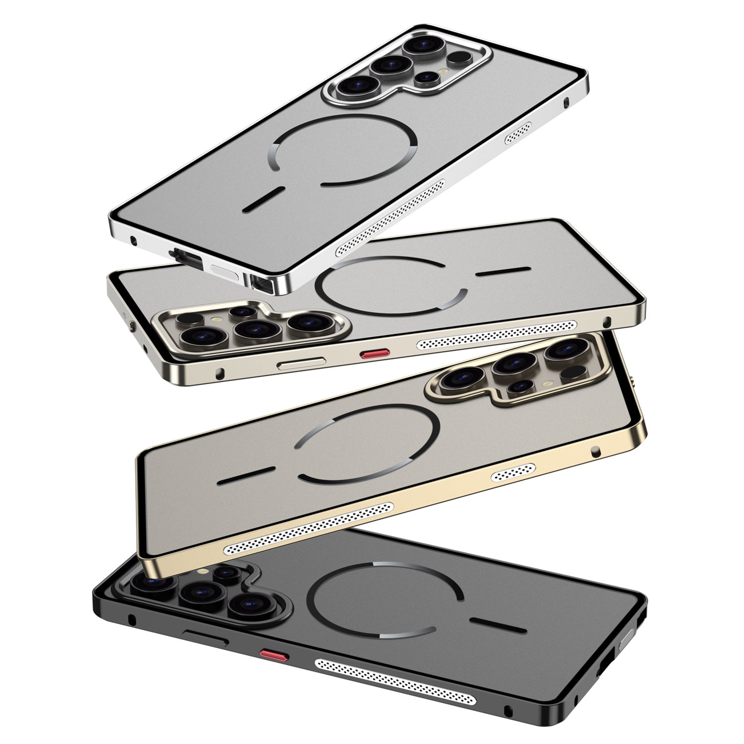 Armor King MagSafe Elastic Buckle Heat Dissipation Metal Bumper Frosted Acrylic Back Case Cover