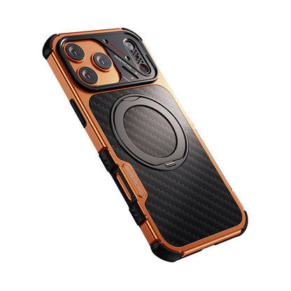 Armor King Urban Mecha MagSafe Shockproof TPU + Metal Frame + Carbon Fiber Backplate / Wooden Board Case Cover