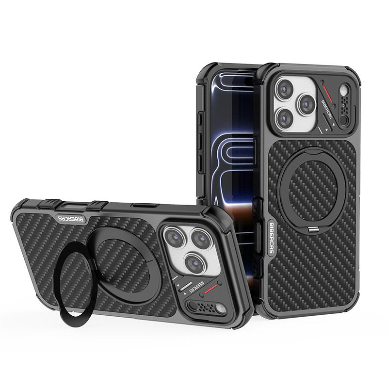 Armor King Urban Mecha MagSafe Shockproof TPU + Metal Frame + Carbon Fiber Backplate / Wooden Board Case Cover