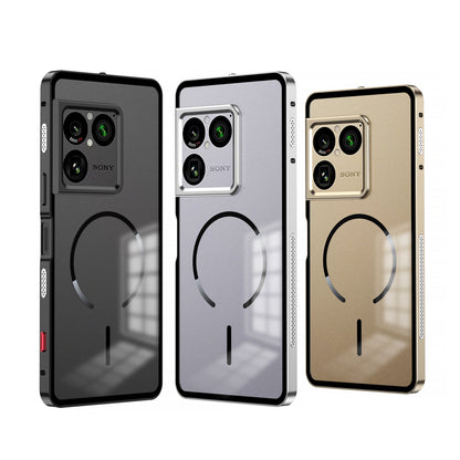 Armor King MagSafe Elastic Buckle Heat Dissipation Metal Bumper Frosted Acrylic Back Case Cover