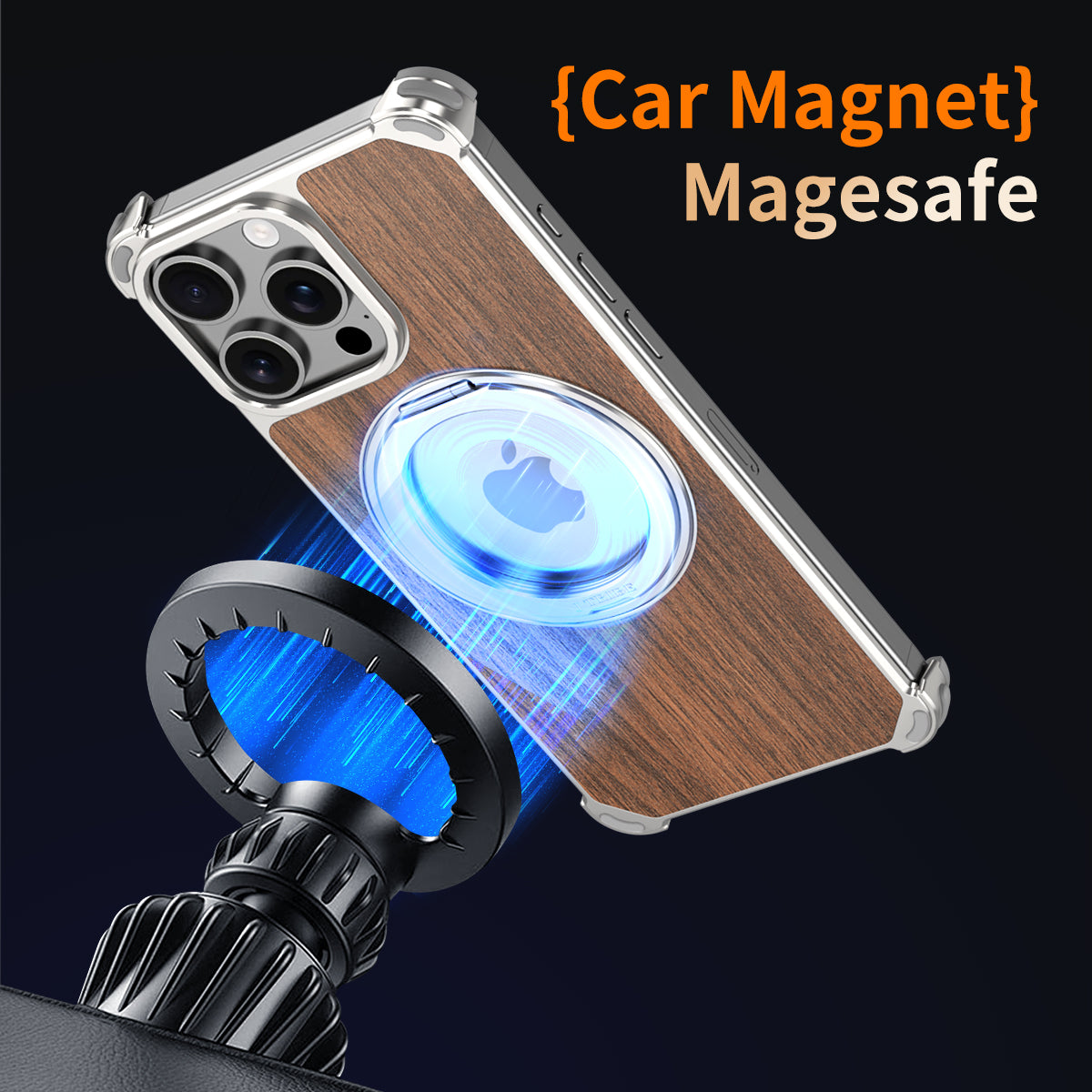 Armor King Yamu MagSafe Pivot Ring Stand Walnut Wood + Metal Case Cover