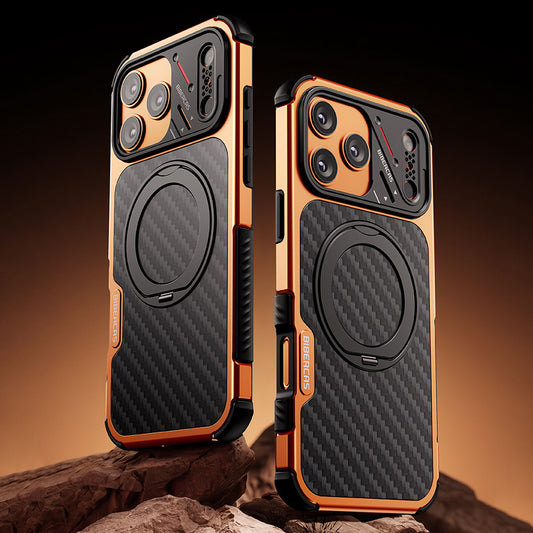 Armor King Urban Mecha MagSafe Shockproof TPU + Metal Frame + Carbon Fiber Backplate / Wooden Board Case Cover