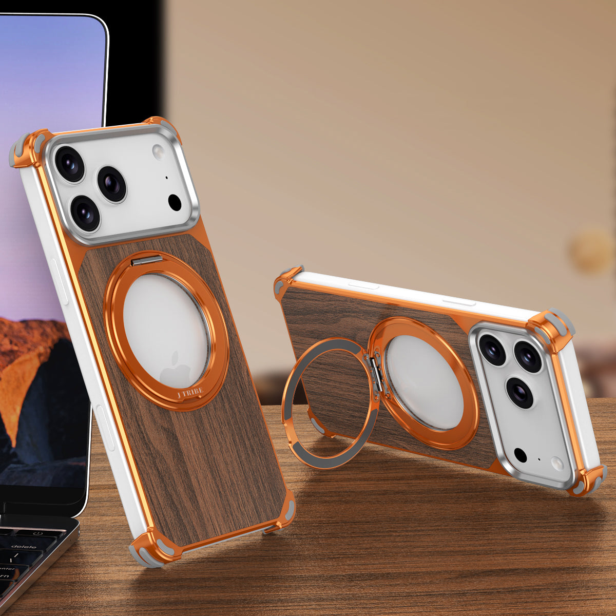 Armor King Yamu MagSafe Pivot Ring Stand Walnut Wood + Metal Case Cover