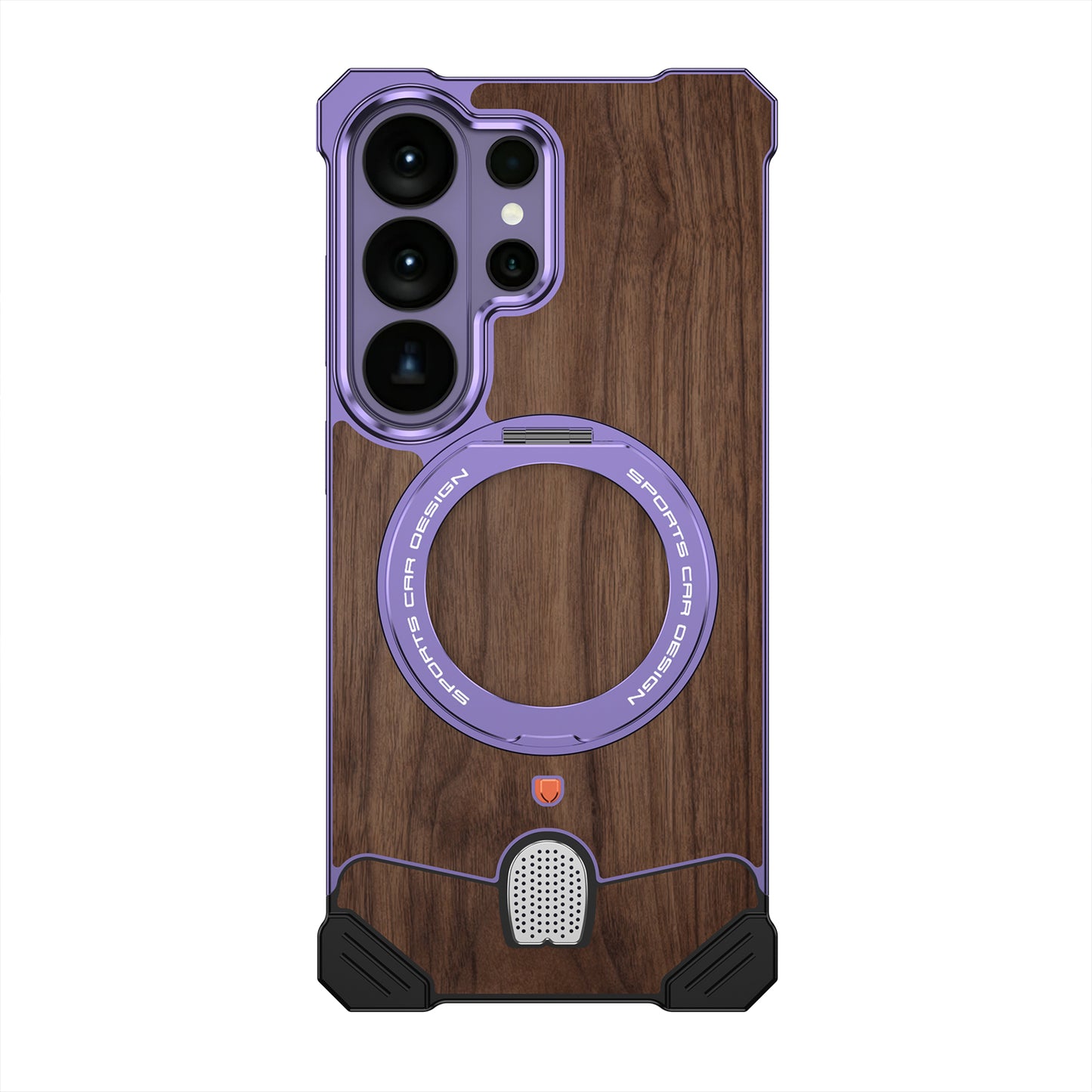 Armor King Hypercar MagSafe Pivot Ring Stand Elastic Buckle Metal+Walnut Texture Back Case Cover