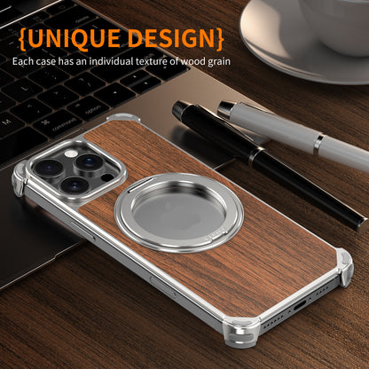 Armor King Yamu MagSafe Pivot Ring Stand Walnut Wood + Metal Case Cover