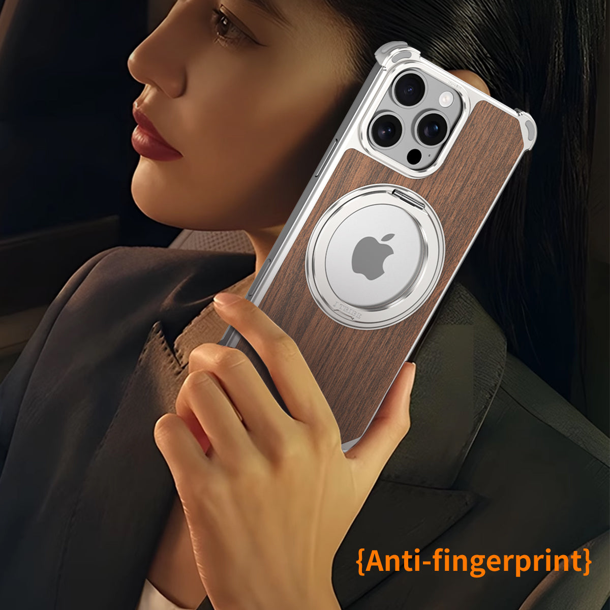 Armor King Yamu MagSafe Pivot Ring Stand Walnut Wood + Metal Case Cover