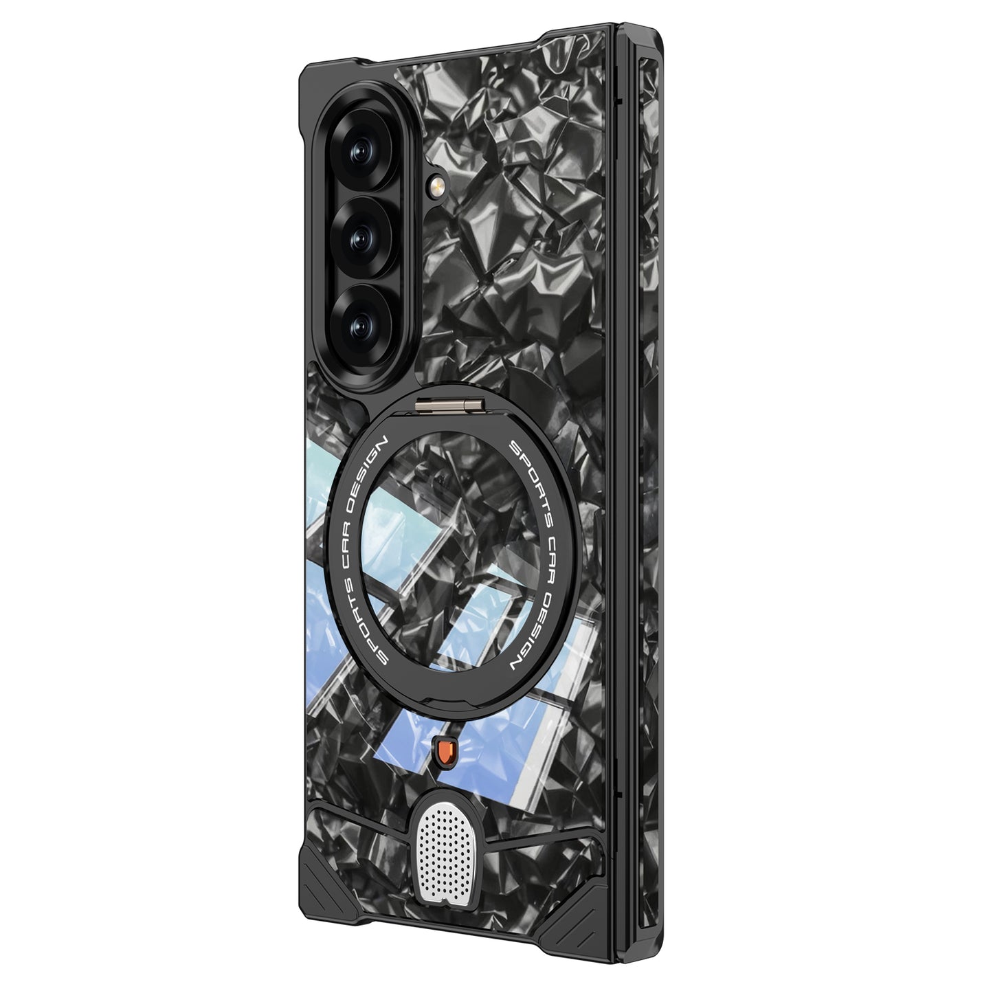 Armor King Hypercar MagSafe Pivot Ring Stand Elastic Buckle Metal+Marble Texture Back Case Cover
