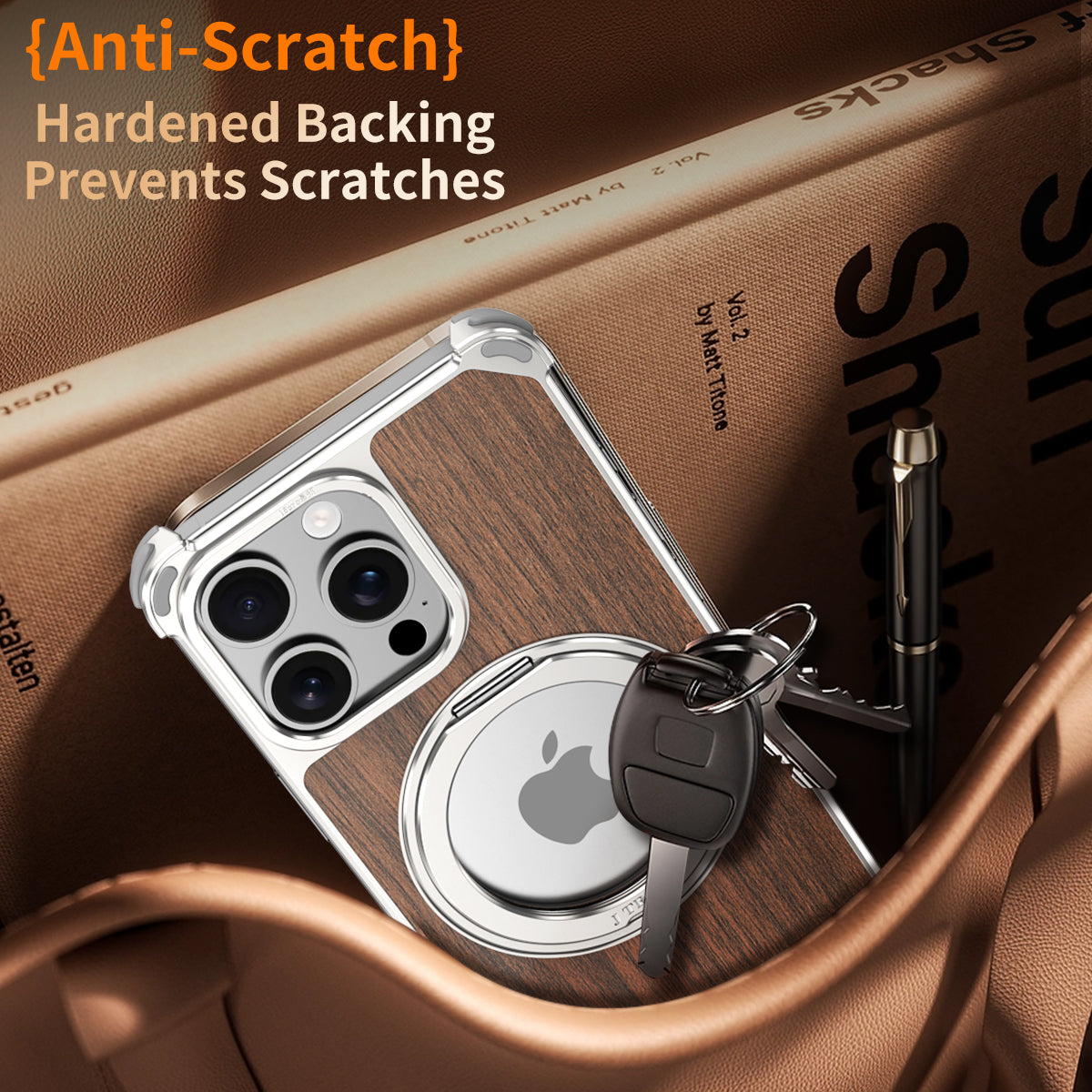 Armor King Yamu MagSafe Pivot Ring Stand Walnut Wood + Metal Case Cover