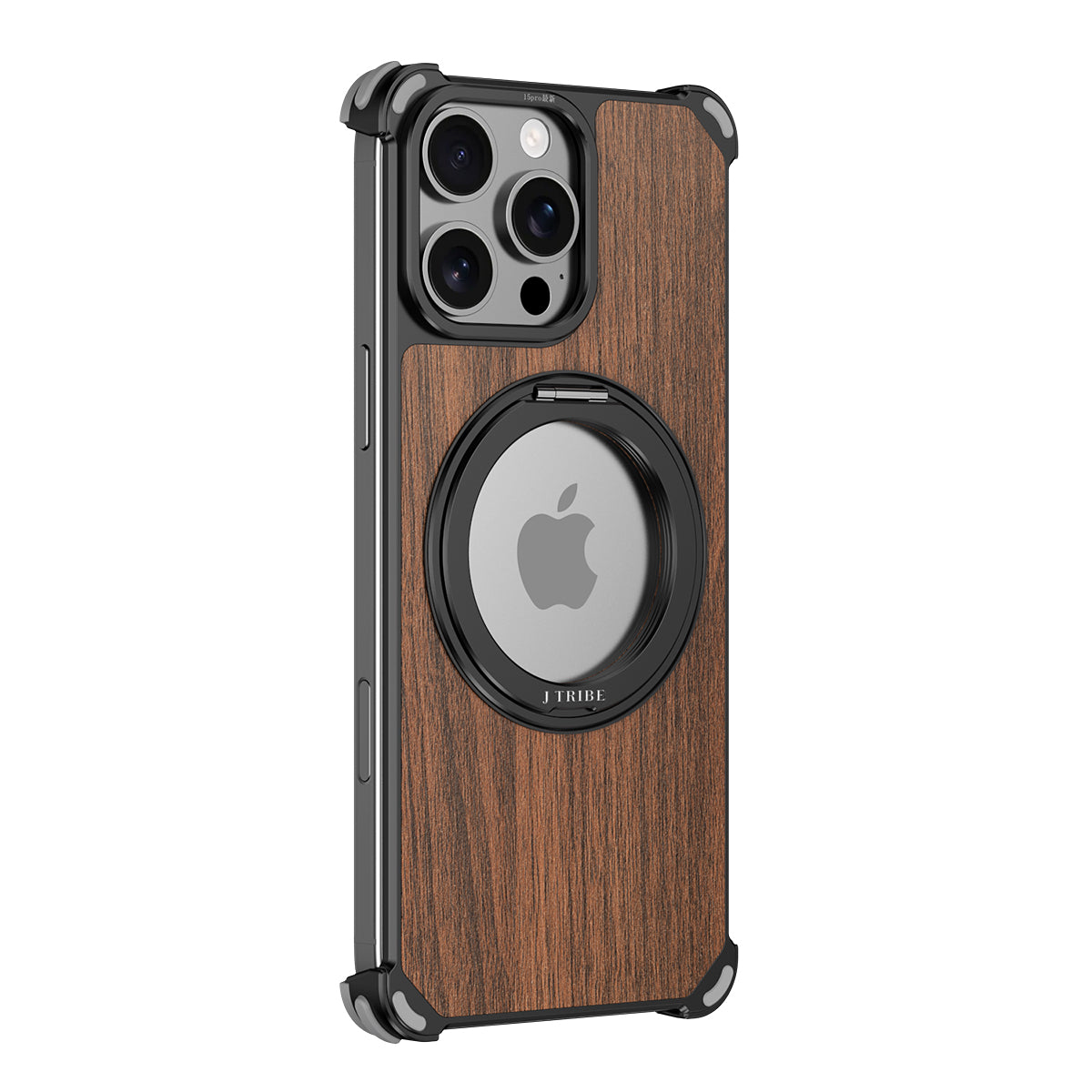Armor King Yamu MagSafe Pivot Ring Stand Walnut Wood + Metal Case Cover