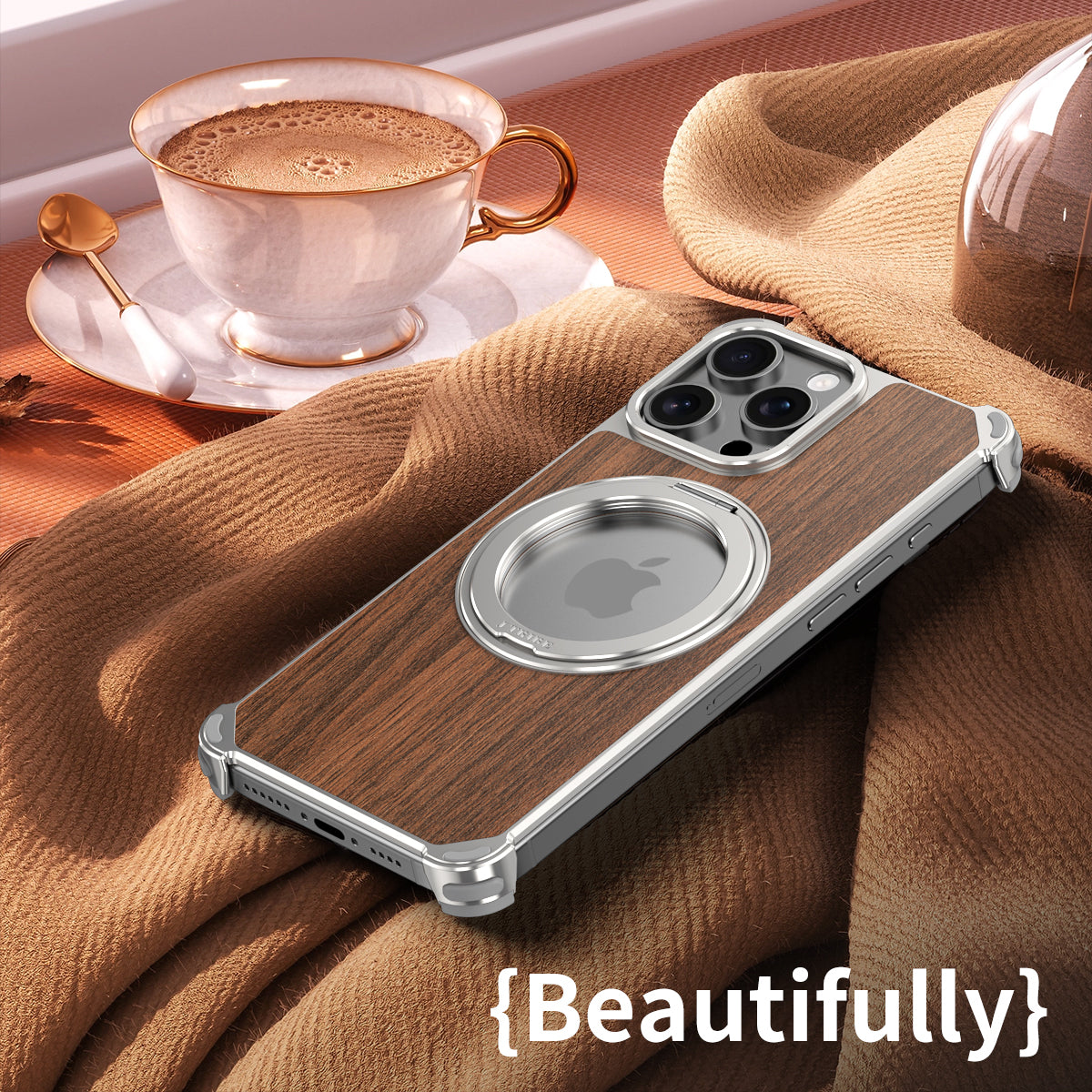 Armor King Yamu MagSafe Pivot Ring Stand Walnut Wood + Metal Case Cover