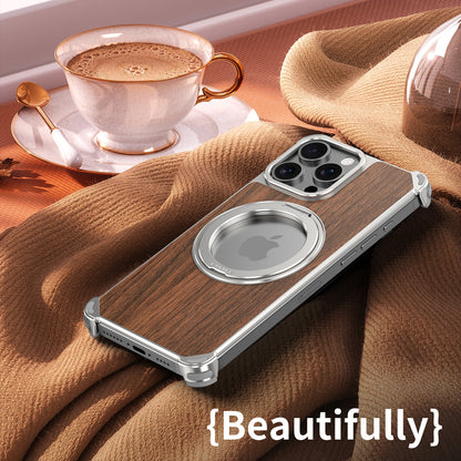 Armor King Yamu MagSafe Pivot Ring Stand Walnut Wood + Metal Case Cover