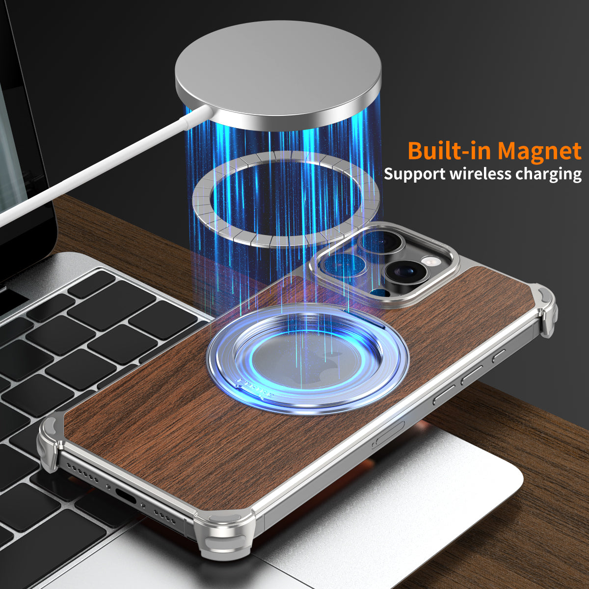 Armor King Yamu MagSafe Pivot Ring Stand Walnut Wood + Metal Case Cover