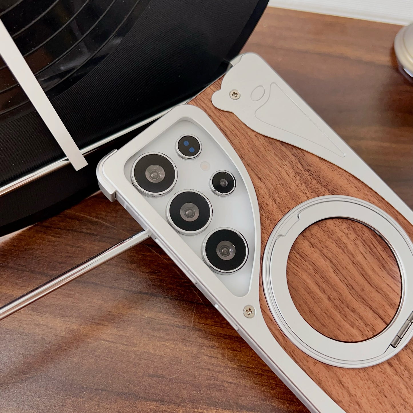 Armor King Stoat Bezel-less MagSafe Pivot Ring Stand Walnut Wood Metal Case Cover