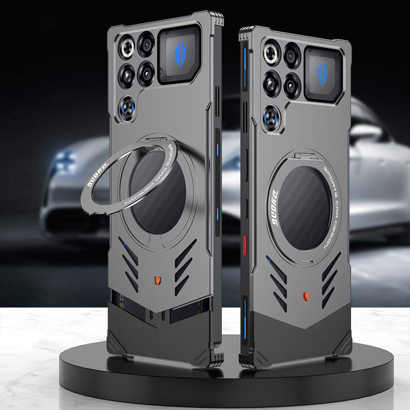 Armor King Supercar MagSafe Pivot Ring Stand Elastic Buckle Frameless Metal Case Cover