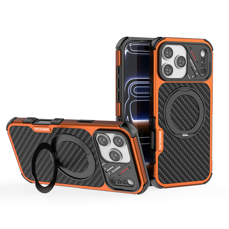 Armor King Urban Mecha MagSafe Shockproof TPU + Metal Frame + Carbon Fiber Backplate / Wooden Board Case Cover