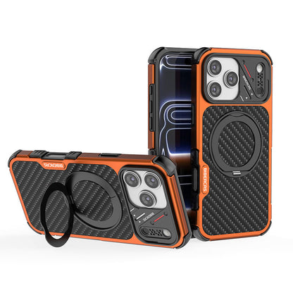 Armor King Urban Mecha MagSafe Shockproof TPU + Metal Frame + Carbon Fiber Backplate / Wooden Board Case Cover