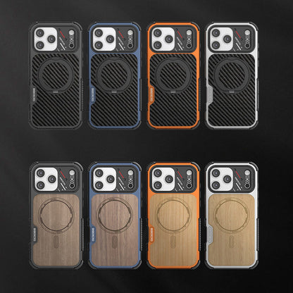 Armor King Urban Mecha MagSafe Shockproof TPU + Metal Frame + Carbon Fiber Backplate / Wooden Board Case Cover
