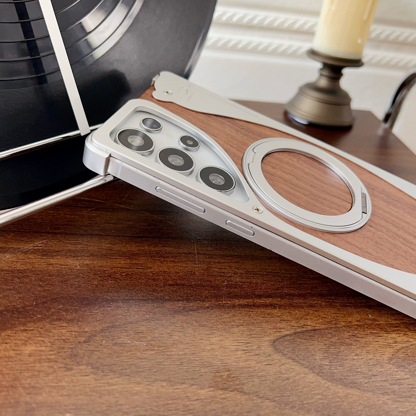 Armor King Stoat Bezel-less MagSafe Pivot Ring Stand Walnut Wood Metal Case Cover