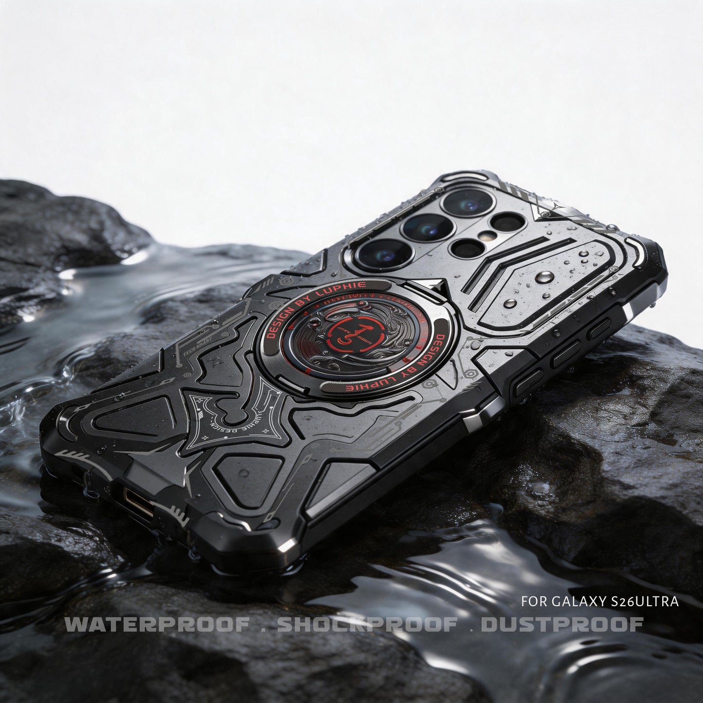 Luphie TS Water-resistant Shockproof Heavy Duty Mecha Metal Case Cover with MagSafe Pivot Ring Stand
