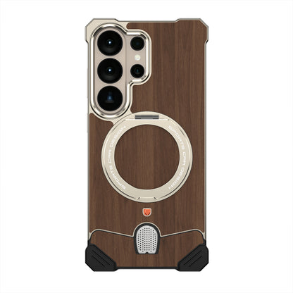 Armor King Hypercar MagSafe Pivot Ring Stand Elastic Buckle Metal+Walnut Texture Back Case Cover