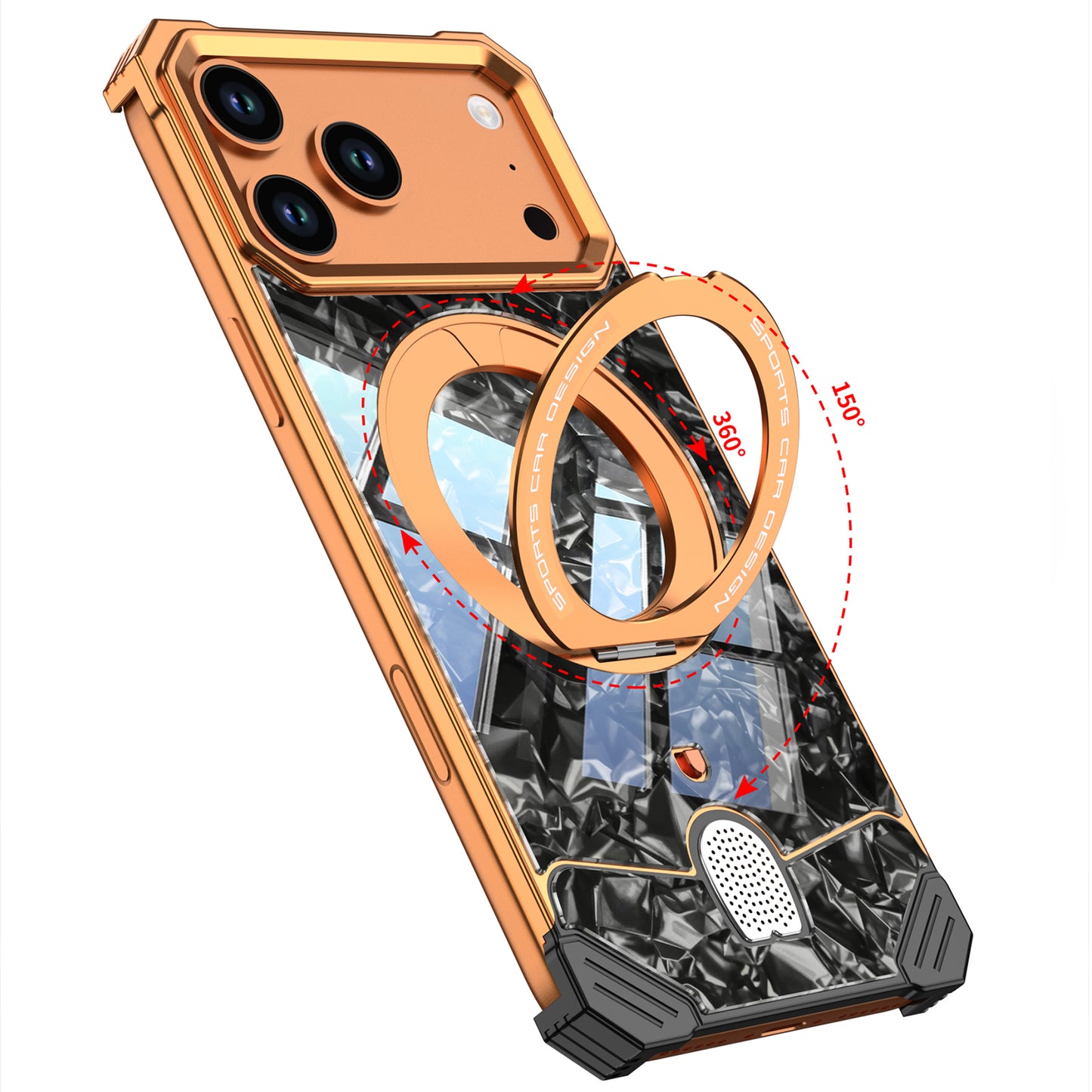 Armor King Hypercar MagSafe Pivot Ring Stand Elastic Buckle Metal+Marble Texture Back Case Cover