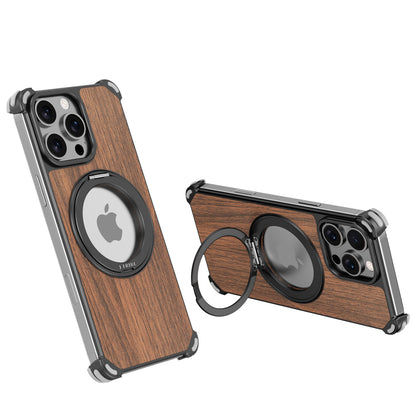Armor King Yamu MagSafe Pivot Ring Stand Walnut Wood + Metal Case Cover