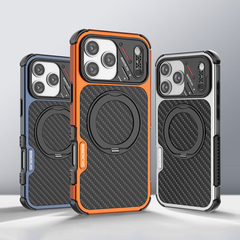 Armor King Urban Mecha MagSafe Shockproof TPU + Metal Frame + Carbon Fiber Backplate / Wooden Board Case Cover