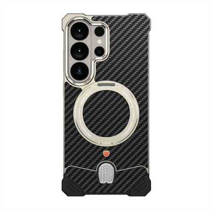 Armor King Hypercar MagSafe Pivot Ring Stand Elastic Buckle Metal+Carbon Fiber Texture Back Case Cover