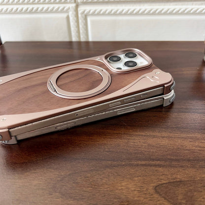Armor King Stoat Bezel-less MagSafe Pivot Ring Stand Walnut Wood Metal Case Cover