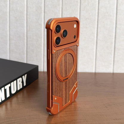 Armor King Bezel-less Armature MagSafe Pivot Ring Stand Metal + Walnut Wood Case Cover