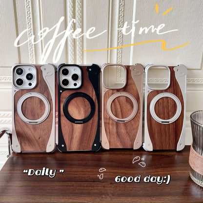 Armor King Stoat Bezel-less MagSafe Pivot Ring Stand Walnut Wood Metal Case Cover