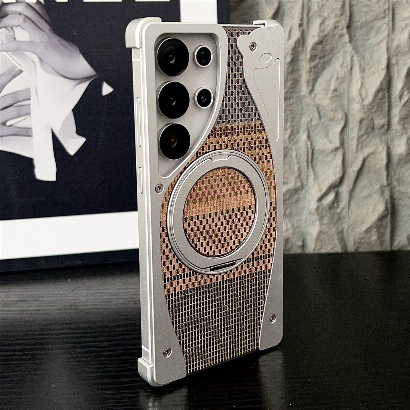 Armor King Stoat Bezel-less MagSafe Pivot Ring Stand Golden Silk Silver Brocade Metal Case Cover