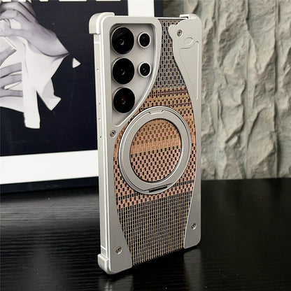 Armor King Stoat Bezel-less MagSafe Pivot Ring Stand Golden Silk Silver Brocade Metal Case Cover