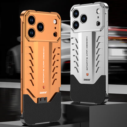 Armor King Sports Car Elastic Buckle Contrast Color Frameless Metal + Leather Case Cover for iPhone