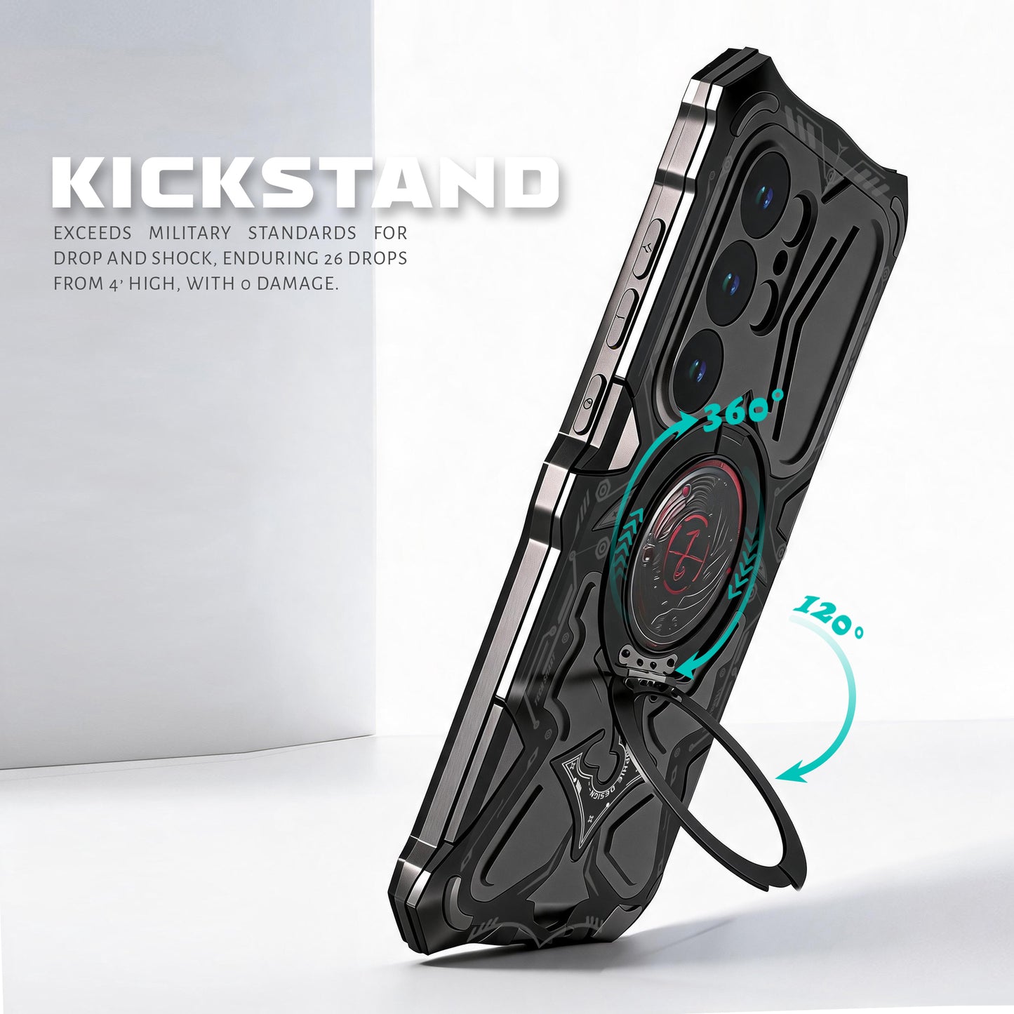 Luphie TS Water-resistant Shockproof Heavy Duty Mecha Metal Case Cover with MagSafe Pivot Ring Stand