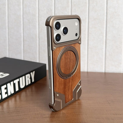 Armor King Bezel-less Armature MagSafe Pivot Ring Stand Metal + Walnut Wood Case Cover