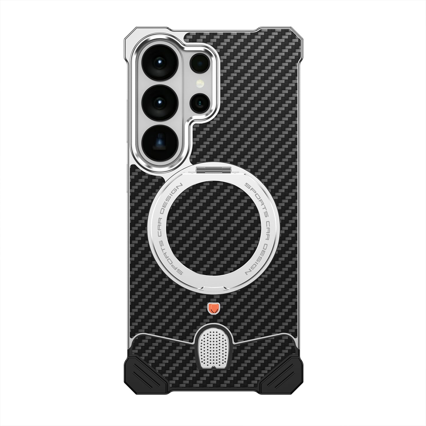 Armor King Hypercar MagSafe Pivot Ring Stand Elastic Buckle Metal+Carbon Fiber Texture Back Case Cover