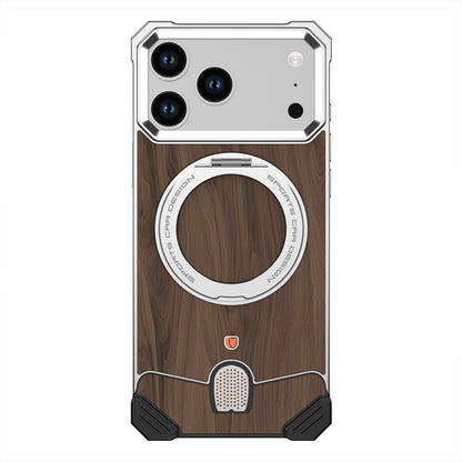 Armor King Hypercar MagSafe Pivot Ring Stand Elastic Buckle Metal+Walnut Texture Back Case Cover